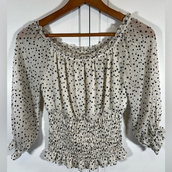 Anthropologie | Lucia Smocked | Off The Shoulder | Blouse | Black/White |‎ Small - Picture 2 of 9